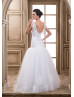 Off Shoulder White Lace Tulle Pearl Embellished Wedding Dress 